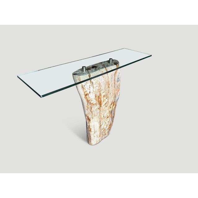 Andrianna Shamaris Petrified Wood Base and Glass Top Console Table For Sale - Image 4 of 5