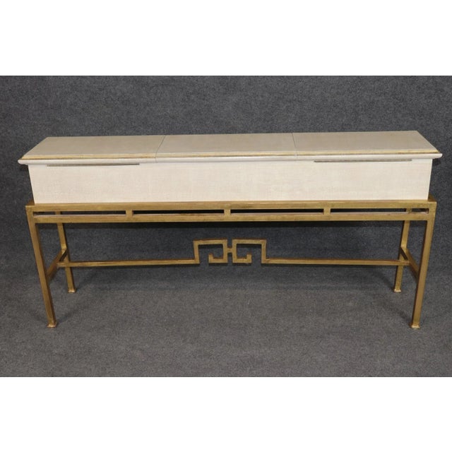 Wood Creme Narrow Depth Finished Gilded Iron Hollywood Regency Style Console Table For Sale - Image 7 of 12