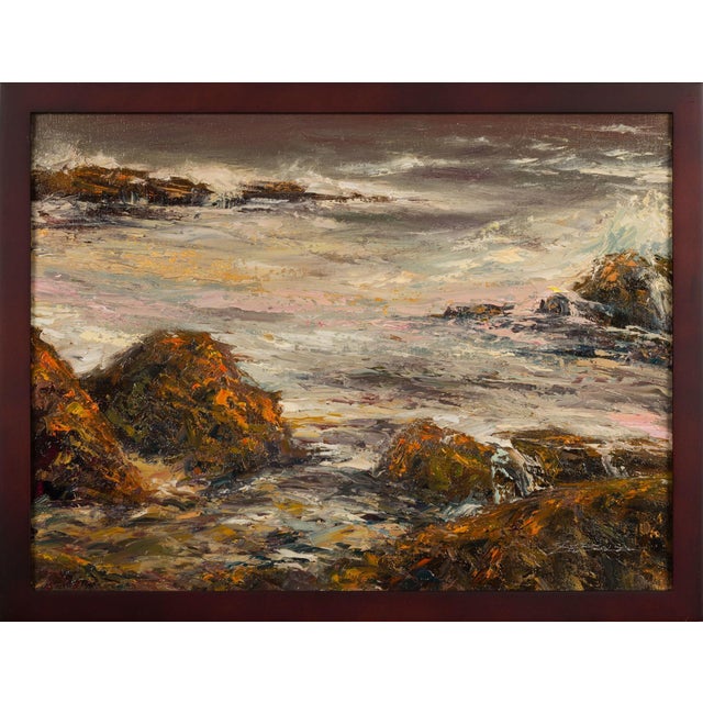 The artwork captures a turbulent grey sea, where waves crash against rugged rocks, evoking a sense of raw energy and...