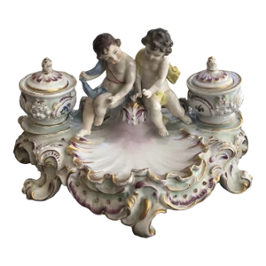 Antique Capodimonte Porcelain Cherub Figural Candleholder With Tray
