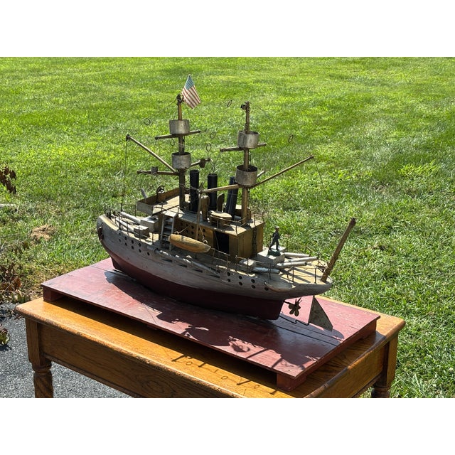 Wood Late 19th C. American Primitive Folk Hand-Crafted Battleship Model on Base For Sale - Image 7 of 17