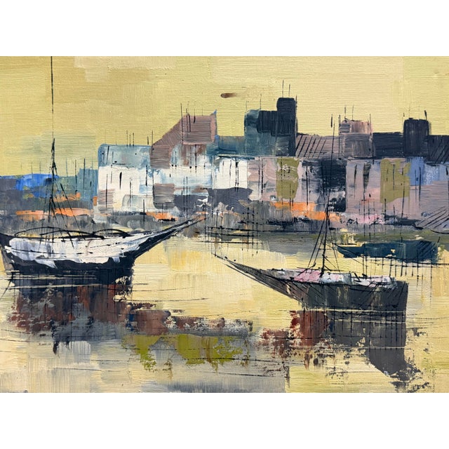 Yellow Vintage Midcentury Harbor Scene Signed Collins For Sale - Image 8 of 8