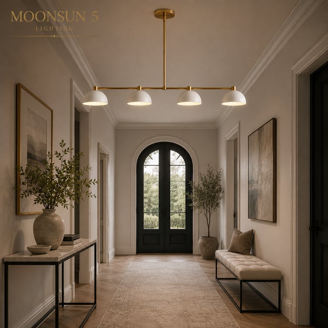 Modern Linear Chandelier 4 Light, Matte Off White Dome Pendant Light Brass Dining Room Fixture, Kitchen Island Lighting, Minimalist Light For Sale - Image 10 of 12