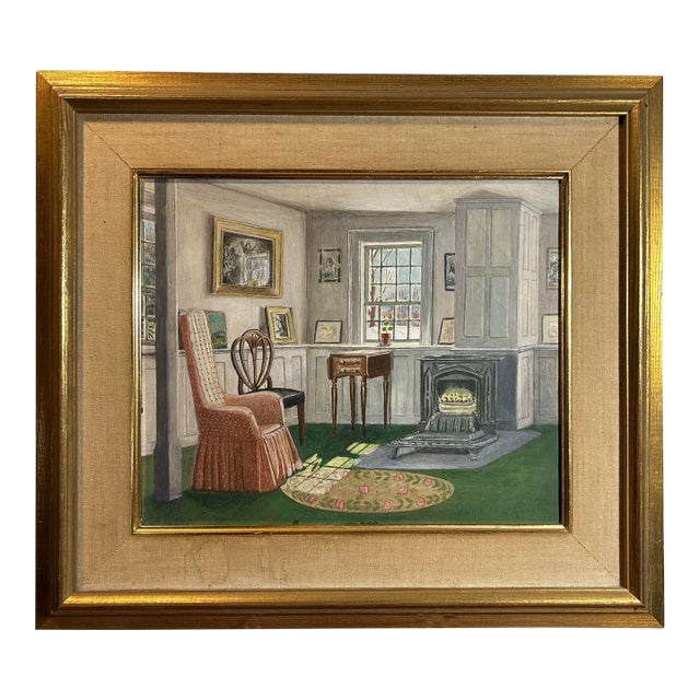 Antique Original Painting of Interior in Gold Frame For Sale
