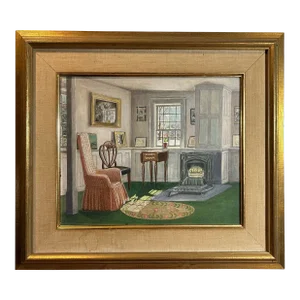 Antique Original Painting of Interior in Gold Frame