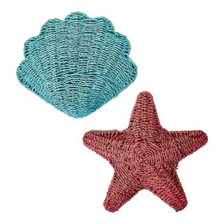 1980s Vintage Coastal Boho Chic Wicker Clam Shell & Starfish Sculptural Wall Objects - A Pair. For Sale