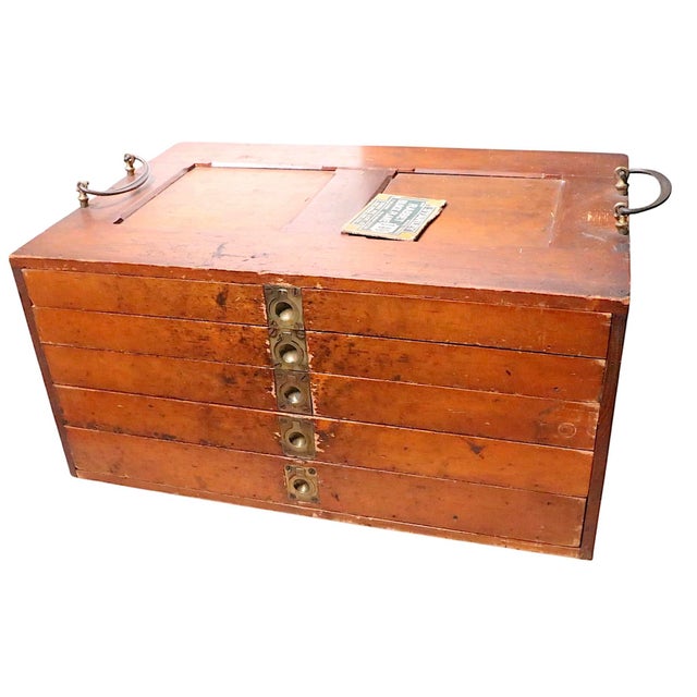 Farmhouse Antique Fitted Wood Carpenters Box Trunk Coffee Table For Sale - Image 3 of 18