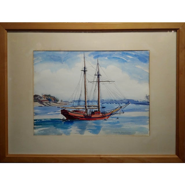 Virgene Hawthorne - Red Sail Boat resting at Bay - 1950s Painting Watercolor on paper under glass-Signed frame size 42 x...