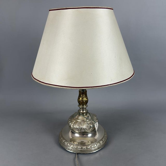 Large Silver-Plated Brass and Wood Table Lamp, 1960s For Sale - Image 3 of 12