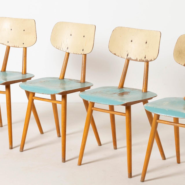 Set of 4 mid century dining chairs produced by TON (former Thonet factory) Czechoslovakia 1960s. Made od beech and blue /...