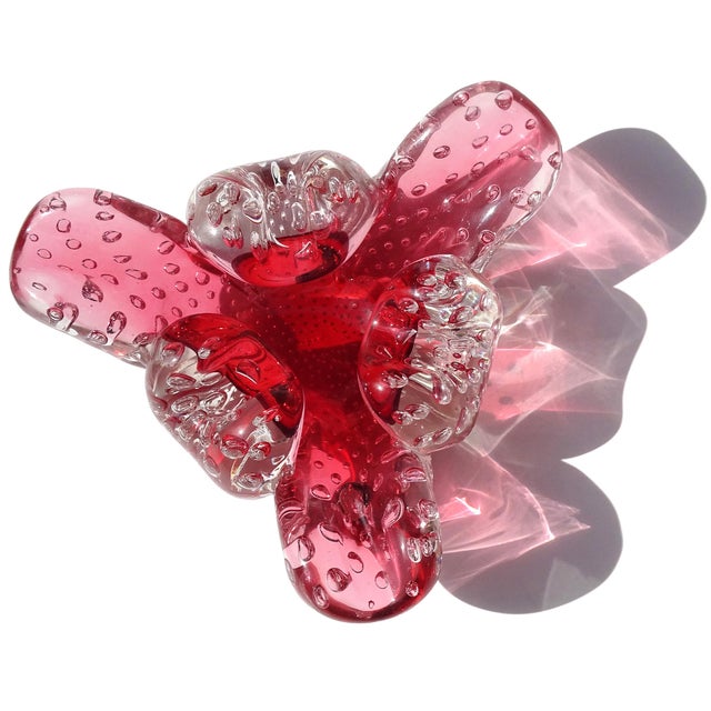Beautiful vintage Murano hand blown Sommerso cranberry pink red color and controlled bubbles Italian art glass decorative...
