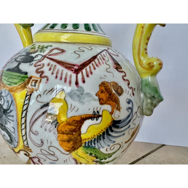 Italian Majolica Hand Painted Ceramic Pottery Face Handles Vase For Sale - Image 15 of 16