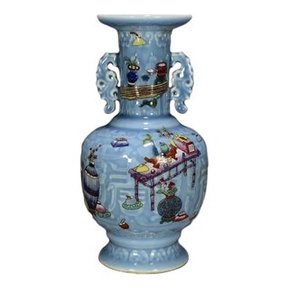 Chinese Light Blue Glazed Porcelain Vase With Famille Rose Antiques Motif For Sale