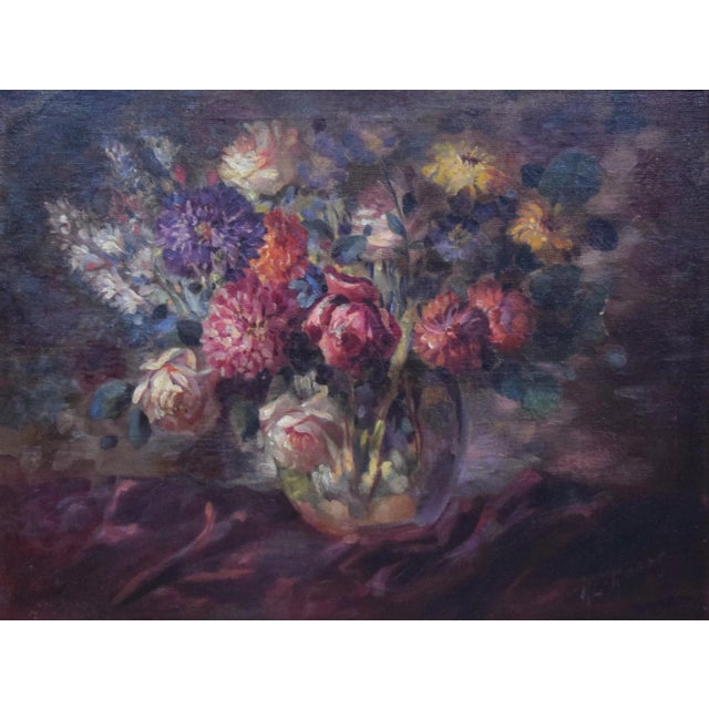 1940s Large Vintage Floral Still Life Oil Painting With Roses For Sale - Image 5 of 10