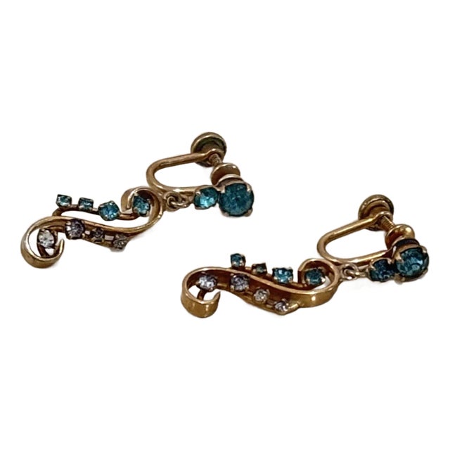 12k Gold Plated Blue Rhinestone Dangle Earrings For Sale