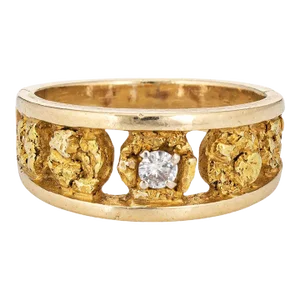 Vintage 70s Nugget Ring 24k Gold Diamond Sz 7 14k Stacking Band Fine Jewellery