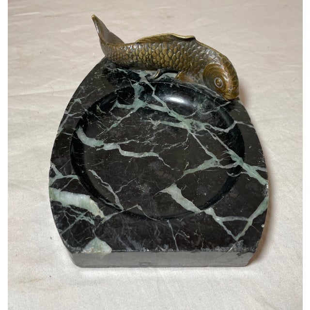 Antique Japanese Bronze Black Marble Figural Coy Fish Cigar Cigarette Ashtray For Sale - Image 11 of 11