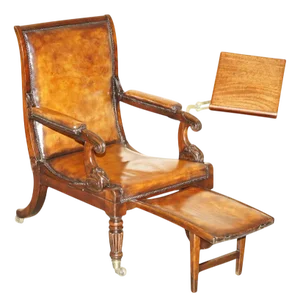 Antique Hardwood and Brown Leather Reclining Chair, 1830