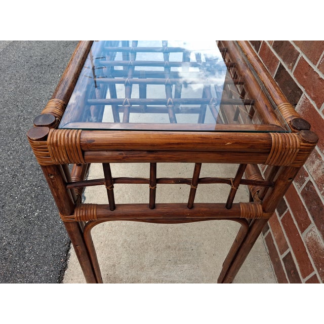 Large Mid Century Boho Chic Rattan Console Table With Glass Top. For Sale - Image 10 of 10