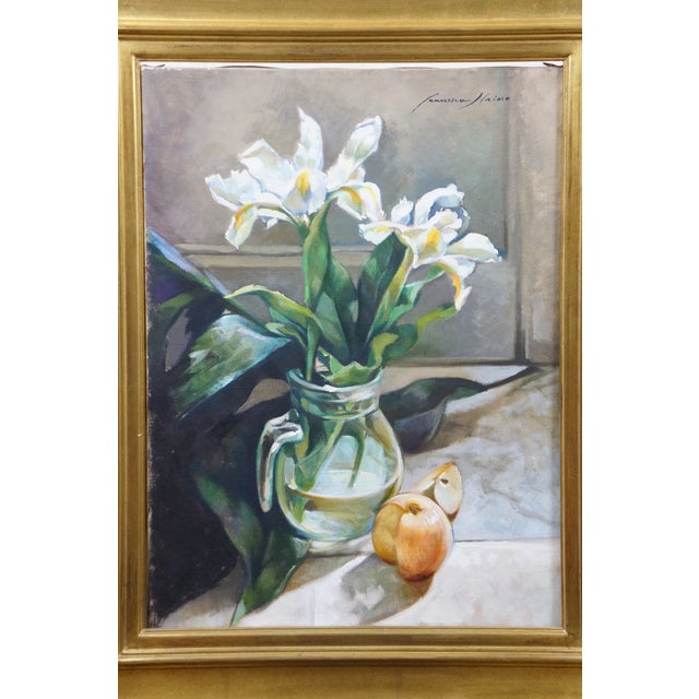 Late 20th Century Vintage Still Life Oil Painting White Irises in Glass Vase Realism Framed For Sale - Image 5 of 11