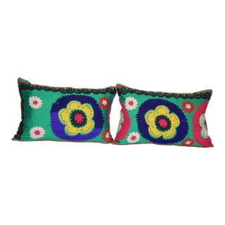 Suzani Green Pillow Cover - A Pair For Sale