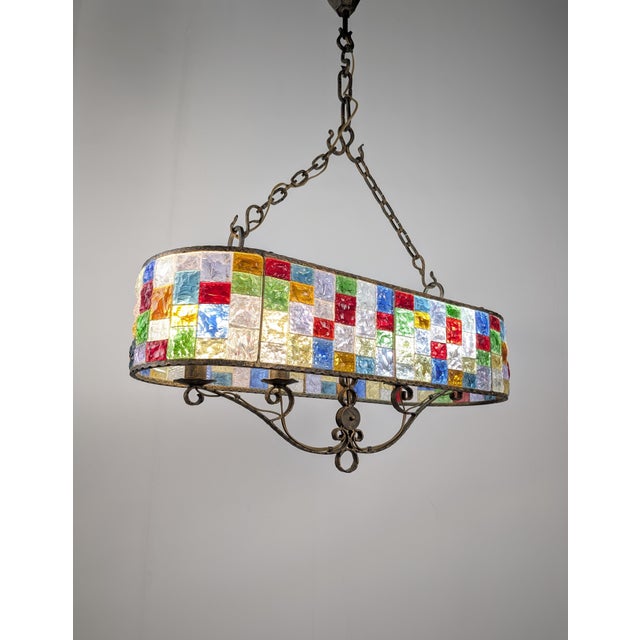 Brutalist Large Italian Multicolor Hammered Glass and Wrought Iron Lamp, 1990s For Sale - Image 3 of 15