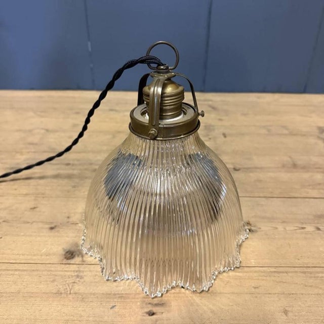 Small Pressed Glass Pendant Lamp with Brass Fixture from Holophane, 1930s For Sale - Image 14 of 17