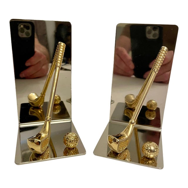 Brass and Chrome Golf Club Bookends For Sale