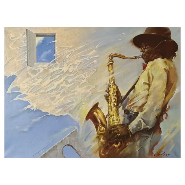 Vadim Kovalev, Jazz, Man with Saxophone, Oil on Canvas For Sale