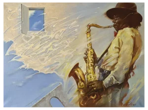 Vadim Kovalev, Jazz, Man with Saxophone, Oil on Canvas
