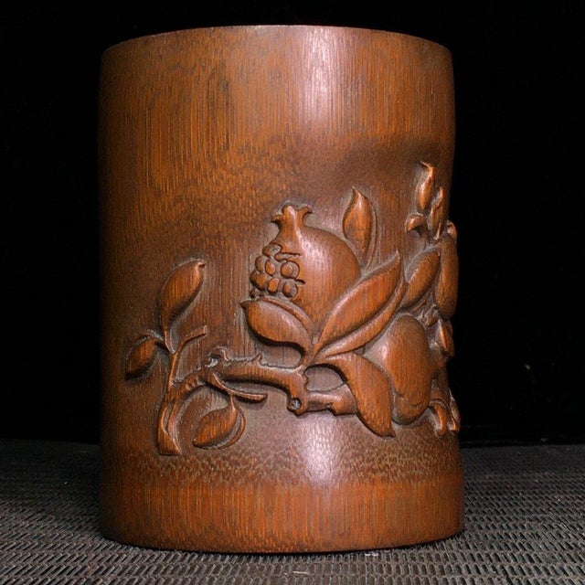 Chinoiserie Hand-Carved Bamboo Brush Pot With Pomegranate Motif For Sale - Image 3 of 9