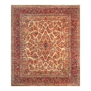 1910s Antique Sarouk Wool Area Rug-11'10" X 13'11", Ivory/Burgundy For Sale