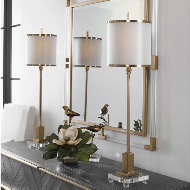 Art Deco Brushed Brass & Crystal Table Lamp With Champagne Double Shade For Sale - Image 3 of 5