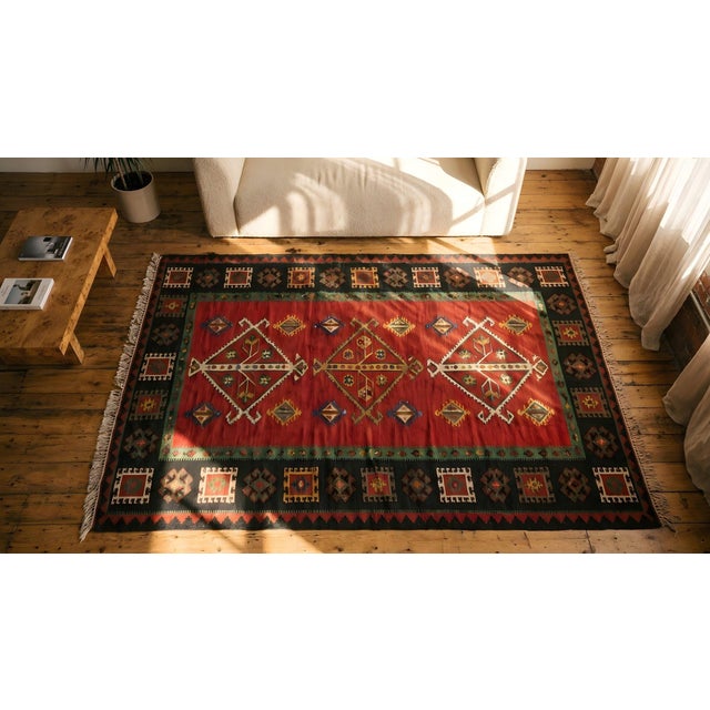 1890s Red Tree of Life Antique European Besserabian Kilim Rug 6'6" X 12'4" Flatweave Wool Carpet For Sale - Image 11 of 12