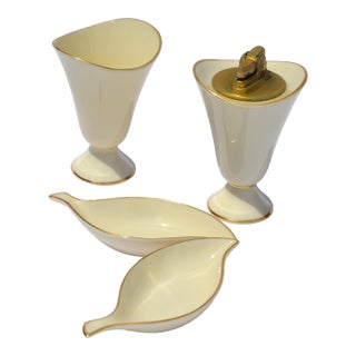 1960s Set of 4 Lenox Cream Ceramic Lighter Cigarette Holder Two Ashtrays Gold Trim For Sale