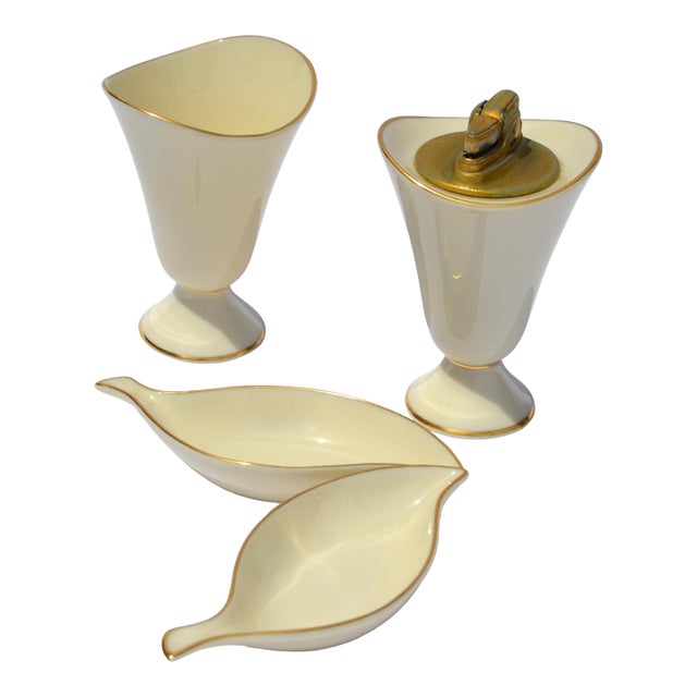 1960s Set of 4 Lenox Cream Ceramic Lighter Cigarette Holder Two Ashtrays Gold Trim For Sale