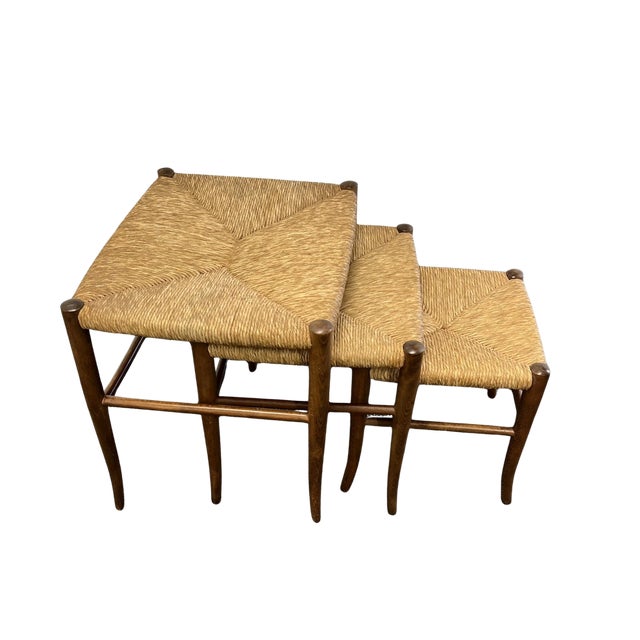 Gio Ponti Vintage Mid Century Piazza Original Italian Set of 3 Rush Seat Nesting Stools/Tables, Attributed to Gio Ponti For Sale - Image 4 of 17