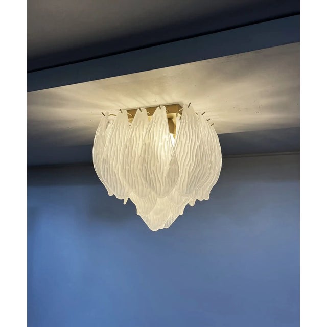 Metal Murano Ceiling Lamp – Frosted Carved Glass Leaves For Sale - Image 7 of 10