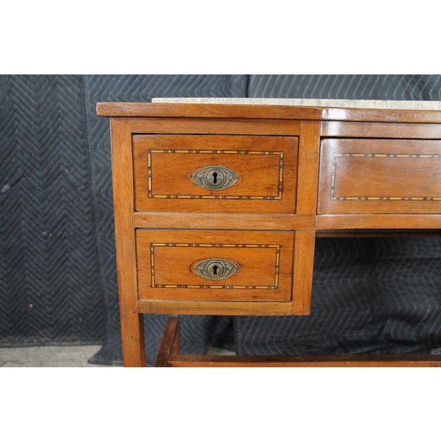 Late 19th Century Antique American Sheraton Inlaid Mahogany Marble Top Writing Desk Library Table For Sale - Image 5 of 14