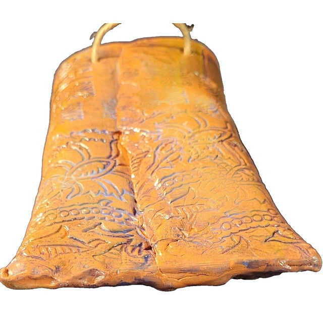 Rustic Handmade Ceramic Wall Pocket Vase Embossed Floral Design Glossy 9"x4" VTG For Sale - Image 3 of 4