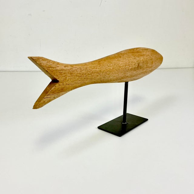 1970s Vintage Arts & Crafts Boho Chic Coastal Hand Carved Oak Fish Sculpture, Steel Museum Mount For Sale - Image 11 of 13