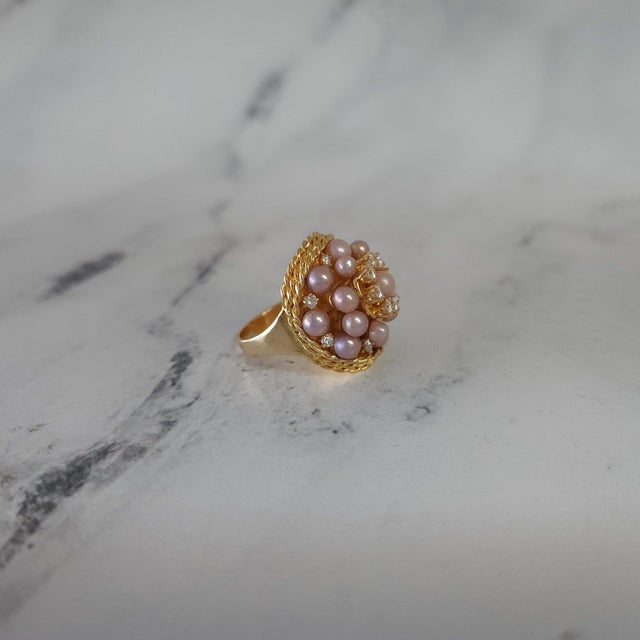 Pink Pearl & Diamond Triple Halo Cocktail Ring with Rope Design, Size 6 For Sale - Image 4 of 4