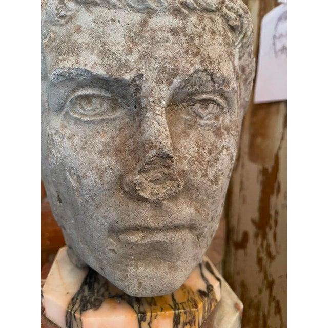 Grand Tour Antique Carved Stone Head of a Roman Youth, Grand Tour Style Sculptural Fragment on Marble Plinth, 19th Century For Sale - Image 3 of 10