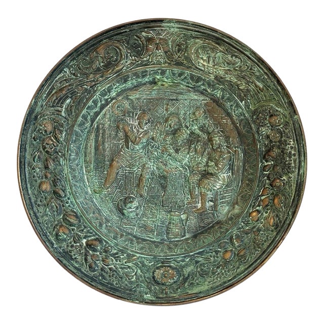 Large 22.5” Antique Dutch Tavern Scene Copper Repoussé Wall Plaque / Charger Circa 1890’s For Sale