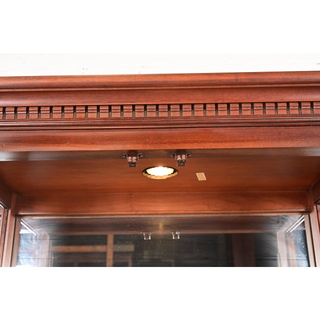 Thomasville Georgian Carved Cherry Wood Lighted Breakfront Bookcase or Display Cabinet For Sale - Image 10 of 13