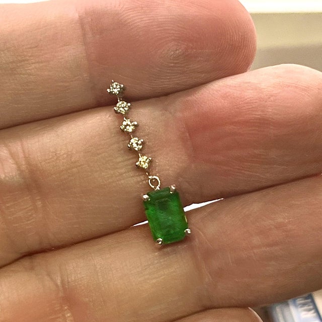 Traditional Natural Emerald Diamond Dangle Earrings 14k W Gold 3 TCW Certified For Sale - Image 3 of 10