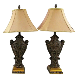 Matched Pair of Sculpted Designer Resin Table Lamps With Silk Shades