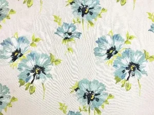 Off White Aqua Blue Lime Green Navy Embroidered Floral Drapery Fabric