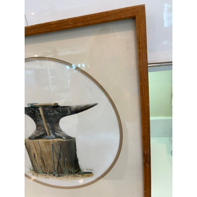 Late 20th Century Vintage Framed Anvil Reproduction Print Blacksmith Tool Illustration in Wood Frame For Sale - Image 5 of 12