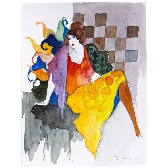 Original watercolor on paper. Hand signed on front by Itzchak Tarkay. Sheet size: 11.75 x 9 inches. Frame size: approx. 23...